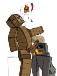 1boy 1other anthro balls balls_on_fire blowjob bodily_fluids colored crafting_table crafting_table_(minecraft) fire flushed furnace_(minecraft) hi_res kogito male/ambiguous male_only minecraft minecraft_block nuts penis penis_on_fire shaking simple_background tagme veiny_penis workbench