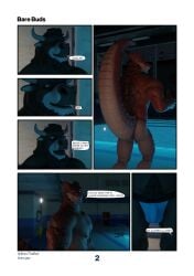 absurd_res anthro bovid bovine brown_body brown_fur buruthebull clothing comic dragon_(maxwellshiba) duo english_text fur hi_res horn jockstrap male male/male mammal maxwellshiba muscular muscular_male page_2 pool scalie tail text underwear