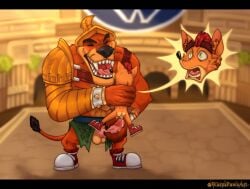 2boys activision anthro anthro_only ass balls bara bodily_fluids colosseum crash_(series) crash_bandicoot crash_bandicoot:_warped duo fur furry furry_male furry_only gay genital_fluids genitals gladiator hi_res huge_cock imminent_sex male male/male male_only nude penis precum smile tiny_tiger warmpawsart