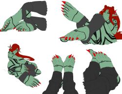 black_sclera feet feet_together feet_up female female_only foot_fetish foot_focus green_skin horns monster_girl muscular muscular_female orc orc_female original original_character presenting_feet presenting_foot red_hair stirrup_legwear toe_claws toenail_polish toes