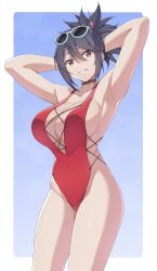 armpits arms_behind_head commission commissioner_upload large_breasts looking_at_viewer mzrz official_alternate_costume one-piece_swimsuit sheena_fujibayashi smile smiling_at_viewer sunglasses sunglasses_on_head swimsuit tales_of_(series) tales_of_symphonia thighs