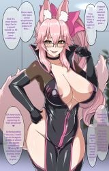 1girls ai_translated big_breasts blush bodysuit bunny_ears bunny_girl english_text fate/grand_order fate_(series) fluffy_ears fluffy_tail glasses grin hand_on_hip koyanskaya koyanskaya_(assassin) koyanskaya_(assassin_first_ascension) koyanskaya_(fate) latex_gloves latex_suit leather leather_suit machine_translated muta_poo nipple_bulge nipples_visible_through_clothing no_bra no_panties open_jacket pink_hair pink_ribbon ribbon seductive smug solo spandex text thick_thighs translated voluptuous