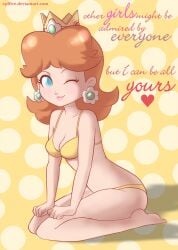 blue_eyes bra brown_hair crown ear_piercing english_text flower_earrings hands_on_legs kneeling light-skinned_female long_hair looking_at_viewer mario_(series) nintendo panties piercings polka_dot_background pose princess_daisy r3dfive smile smiling smiling_at_viewer solo solo_female solo_focus suggestive text wink winking_at_viewer yellow_background yellow_bra yellow_panties yellow_underwear