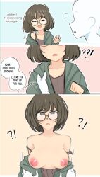 ?! assisted_exposure blush breasts breasts_out creator_(neneneqo) dark_hair drawing exposed_breasts faceless_male forced_strip glasses hand_on_shoulder large_breasts molestation neneneqo nipples off_shoulder parody puffy_nipples stripping webcomic