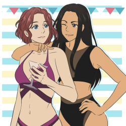 10s 2girls alcohol bikini black_hair blue_eyes cubisticking cup dark-skinned_female dark_skin drinking_glass hand_on_own_hip lips mila_babicheva multiple_girls one_eye_closed purple_eyes red_hair sara_crispino smile string_of_flags striped striped_background swimsuit wine wine_glass yuri!!!_on_ice