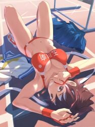 1girls breasts brown_eyes brown_hair cacn capcom cleavage female female_only fully_clothed headband large_breasts looking_at_viewer on_back sakura_kasugano short_hair smiling solo sports_bra street_fighter