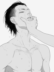 2boys artist_request dripping face_grab glaring greyscale looking_at_another male_focus monochrome multiple_boys otabek_altin piercing side_shave tagme wet wet_hair yuri!!!_on_ice