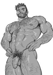 1boy abs absurdres alternate_body_hair alternate_facial_hair arm_hair armpit_hair bara beard body_hair chest_hair completely_nude facial_hair flaccid foreskin from_below greyscale hairy hands_on_own_hips highres kuma_(suyohara) large_pectorals leg_hair long_sideburns male male_focus male_only male_pubic_hair mature_male monochrome moustache muscular muscular_male navel navel_hair nipples nude original pectorals pubic_hair short_hair sideburns solo stomach stubble suyohara thick_eyebrows thick_thighs thighs uncut unretracted_foreskin