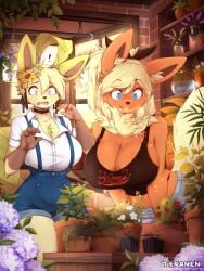 anthro big_breasts breasts eeveelution female flareon fluffy fluffy_tail furry huge_breasts leafeon pokemon pokemon_(species) teranen