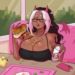 breast_rest breasts_on_table brown_hair cleavage dark_skin demon demon_girl demon_horns demon_wings eating eating_hamburger french_fries fries glasses hamburger koni_(loggus_doggus) large_breasts loggus_doggus original_character original_characters toy white_hair white_highlights wings