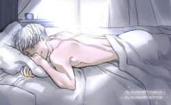 1boy alarm_clock alikurai bed bedroom nude pillow sheets smiling viktor_nikiforov white_hair window yuri!!!_on_ice