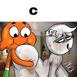 1boy 1girls ass ass_grab breasts c carrie_krueger darwin_watterson female ghost ghost_girl huge_ass huge_breasts huge_cock male male/female meme mxx shitpost sweat the_amazing_world_of_gumball tongue tongue_out