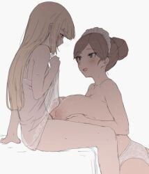 1futa 1girls areolae arm_support bangs big_breasts blonde_hair blush breasts brown_eyes brown_hair cum cum_on_body cum_on_breasts duo eye_contact female from_side futa_on_female futa_with_female futanari futanari-sama_(mdf_an) hair_bun hair_bun_maid_(mdf_an) huge_breasts human lace lace_panties lifted_by_self light-skinned_female light-skinned_futanari light_skin long_hair looking_at_another maid_headdress mdf_an multiple_girls nightgown nightgown_lift nipples nude open_mouth original paizuri panties short_hair simple_background single_hair_bun sitting sweat underwear white_background white_nightgown white_panties