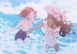 10s 2girls ^_^ black_hair breasts cleavage closed_eyes dress female female_only hat mila_babicheva mono_(freerotary) multiple_girls ocean red_hair sara_crispino shorts sun_hat wading water yuri!!!_on_ice