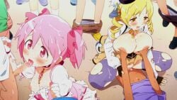 2girls big_breasts blowjob blush blush_lines bukkake censored cowgirl_position cum cum_in_mouth cum_on_breasts cum_on_face drill_hair exposed_breasts gloves hand_on_breast handjob madoka_kaname magia_record:_mahou_shoujo_madoka_magica_gaiden magical_girl mahou_shoujo_madoka_magica mami_tomoe multiple_boys multiple_penises nipples pants_down pink_eyes pink_hair pink_ribbon puella_magi_madoka_magica ribbons riding semen_on_body semen_on_hair sex size_difference straight tomoe_mami tongue_out torn_legwear twintails unseen_male_face yellow_eyes yellow_hair young