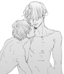 2boys covering greyscale hair_over_one_eye katsuki_yuuri kissing kissing_neck light_smile male_focus monochrome multiple_boys nipples nude nude_cover profile shirikawa short_hair simple_background topless_male upper_body viktor_nikiforov white_background yaoi yuri!!!_on_ice