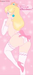 arm_gloves artist_name backboob blonde_hair blue_eyes blush bow bow_on_panty christmas crown ear_piercing english_text from_behind high_heels light-skinned_female long_hair looking_back mario_(series) nintendo on_one_leg panties panty_bow piercing pink_background pink_bow pink_high_heels pose princess_peach r3dfive solo solo_female solo_focus suggestive suggestive_pose suggestive_posing text thigh_highs thigh_socks thighhighs topless underwear