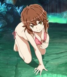 ass breasts brown_eyes brown_hair crawling dog_girl dungeon_ni_deai_wo_motomeru_no_wa_machigatteiru_darou_ka feet hands hips legs liliruca_arde smile thighs waist winbee