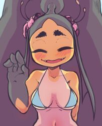 big_breasts bikini bikini_top blush breasts cleavage cute female female_focus female_only flower_in_hair flowers hitmanatee mawile nintendo pokemon pokemon_(species) smiling smiling_at_viewer suntan waving_at_viewer yellow_body yellow_skin