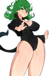 1girls alternate_breast_size annoyed annoyed_expression big_breasts black_clothes black_clothing black_dress clothed clothing clouds color colored colored_background covered_navel curly_hair female female_focus female_only green_eyes green_hair human large_breasts large_thighs looking_at_viewer looking_down melonpuff nipples_visible_through_clothing no_background one-punch_man sassy solo tatsumaki white_background