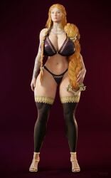 1girls 3d 3d_(artwork) aesir_(norse_mythology) belly_button big_breasts blonde_hair body_markings bra braid busty deity female_only footwear god_of_war god_of_war_ragnarok goddess hand_on_hair hand_on_leg hand_on_thigh headwear heels legwear lingerie looking_away midriff mythology norse_mythology panties purple_underwear santa_monica_studio sif_(god_of_war) simple_background snoopz solo solo_female sony_corporation sony_interactive_entertainment standing thighhighs tied_hair underwear very_long_hair