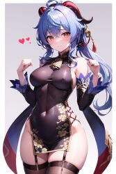 ai_generated bell belly blue_hair blush chinese_clothes ganyu_(genshin_impact) genshin_impact goat_horns green_eyes heart highres midriff nipples nipples_visible_through_clothing pose setsuaiart sideboob skindentation thick_ass thick_thighs thighhighs very_long_hair