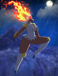 2022 absurd_res alpha_pokémon alpha_pokemon angry anthro armor asvinkart-34 belly breasts brown_body brown_fur cloud detailed_background digital_drawing_(artwork) digital_media_(artwork) feet female fire fur generation_4_pokemon genitals grass hi_res infernape jumping light mammal moon moonlight navel nintendo plant pokemon pokemon_(species) pokemon_legends_arceus primate pussy signature solo white_body white_fur