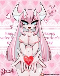 1girls areolae artist_signature big_breasts blue_eyes blush blush_lines breasts cd_lewd female female_only heart horns large_breasts long_hair naked naked_female nipples nude nude_female open_smile original original_character outstretched_arms pink_hair smile solo solo_female standing valentine's_day