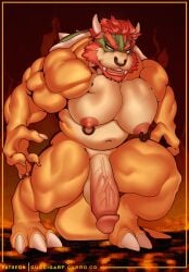 anthro balls beard big_balls big_penis bowser collar facial_hair facial_piercing genitals guccigarf hi_res horn humanoid_genitalia humanoid_penis koopa male male_only mario_(series) musclegut muscular muscular_male nintendo nipple_piercing nipples nose_piercing nude pecs penis piercing scalie smile spikes