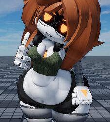 1girls 3d female female_only glasses headphones humanoid liana_hyde looking_at_viewer murder_drones orange_eyes roblox robot robot_girl robot_humanoid rustfuix screen_face small_breasts solo thick_thighs