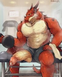 1boy anthro balls big_penis bodily_fluids clothing cum dragon draringoa ejaculation erection exhibitionism gay hi_res humanoid male male_only muscular muscular_male nipples partially_clothed pecs penis shirt solo solo_focus sweat veiny_penis