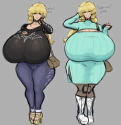 1girls big_breasts blonde_hair breasts dress female female_focus female_only fully_clothed giant_breasts gigantic_breasts heels high_heels huge_breasts hyper hyper_breasts jeans massive_breasts milf multiple_outfits robot robot_girl round_breasts s_elbeej shirt smile solo spring_(s_elbeej) top_heavy