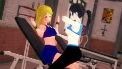 2girls 3d 3d_(artwork) black_hair blonde_hair breasts casual_outfit_(metroid) company_connection crossover duo embarrassed fanart female female_only flashing gym koikatsu light-skinned_female light_skin metroid midriff nintendo nipples pinup ponytail samus_aran shorts sports_bra tank_top tenguyurilove topless white_skin wii_fit wii_fit_trainer yoga_pants yuri