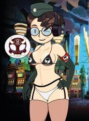 8ball9615 armwear black_bra brown_hair cute earphones elbow_gloves glasses gloves hat latex latex_gloves lingerie medium_breasts molly_(skullgirls) skullgirls underwear winking_at_viewer