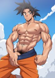 1boy black_hair dragon_ball dragon_ball_z male male_only muscles muscular muscular_male pulling_clothing saiyan shirtless solo son_goku suyohara