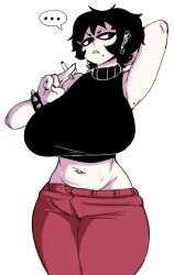 armpits black_hair bracelet claire_(honeyboyy) curvy goth goth_gf_(honeyboyy) goth_girl hand_behind_head honeyboyy huge_breasts looking_away original pale_skin pants piercing smoking tagme topwear wide_hips