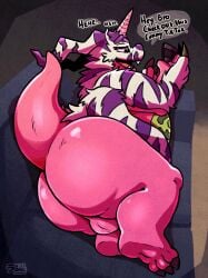 animal_skin anthro ass balls bandai_namco belly digimon digimon_(species) english_text fur furniture genitals hi_res horn male overweight perineum phone psychemon raburigaron sofa solo striped_body striped_fur stripes superchub text