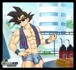 balls black_hair bulge dragon_ball dragon_ball_z hand_on_hip male male_focus male_only muscles muscular penis saiyan smiling solo solo_male son_goku sunglasses towel towel_around_neck underwear woofer_kid