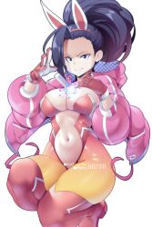 1girls adapted_costume black_hair breasts bunny_ears bunny_girl bunnysuit cleavage female hips hotvr huge_breasts light-skinned_female light_skin long_hair momo_yaoyorozu my_hero_academia simple_background thick_thighs thighs wide_hips