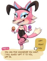 animal_crossing anthro breasts bunnysuit canine chibi claydust dialogue easter easter_bunny easter_eggs english_text female fishnet_stockings fluffy_tail freya_(animal_crossing) fur furry furry_only holidays nintendo pink_furshortstack small_breasts solo tail text thick_ass thick_legs transparent_background wolf