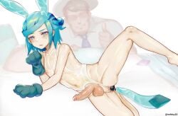 2boys absurdres anal anal_object_insertion anal_tail bar_censor blue_eyes blue_hair blush censored covered_nipples erection faceless faceless_male fake_tail femboy florian_(pokemon) girly glaceon_(cosplay) gloves grusha_(pokemon) hair_bun highres male male_focus male_only multiple_boys nohtuy object_insertion open_mouth otoko_no_ko penis pokemon pokemon_(cosplay) pokemon_(game) pokemon_sv pokemon_tail precum solo_focus tail testicles textless_version thumbs_up