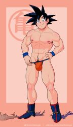 1boy 1male balls black_hair boots boots_only bulge charlie_tooga dragon_ball dragon_ball_z gay hand_on_hip jockstrap male male_only muscles muscular penis saiyan solo solo_male son_goku