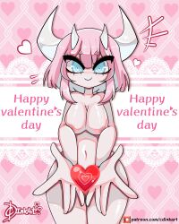 1girls areolae artist_signature big_breasts blue_eyes blush blush_lines breasts cd_lewd female female_only heart heart horns naked naked_female nipples nude nude_female original original_character outstretched_arms pink_hair short_hair smile solo solo_female standing valentine's_day