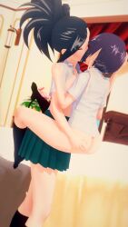 2girls 3d ass ass_grab fanart female female_only kissing koikatsu kyoka_jiro lifting momo_yaoyorozu multiple_girls my_hero_academia tenguyurilove yuri