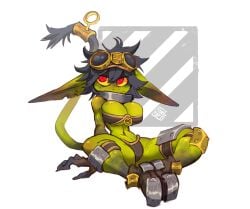 armor big_breasts black_hair foresttherotten goblin goblin_female goggles goggles_on_head red_eyes