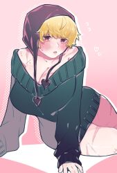 big_breasts blonde_hair blush chullo cleavage coif donquixote_rosinante female female_only genderswap_(mtf) hat headwear huge_breasts looking_at_viewer off_shoulder on_side one_piece pink_background red_eyes rule_63 scars short_hair solo sweatdrop sweater sweater_dress thick_thighs very_short_hair wide_hips yasoooop