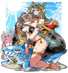 beach_towel big_breasts bikini cleavage curvy dragon_girl dragon_tail grey_hair hood horns hourglass_figure huge_breasts kafun kneeling licking_lips long_hair looking_at_viewer mature_female original original_character pale-skinned_female pale_skin pool_toy sweat sweaty swimsuit tail thick_thighs thigh_strap wide_hips