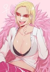 big_breasts black_bra blonde_hair bra bra_cups_sticking_out cleavage donquixote_doflamingo earrings eda_nashi feather_coat female female_only genderswap_(mtf) jacket_on_shoulders looking_at_viewer navel one_piece open_mouth open_shirt red-tinted_eyewear rule_63 short_hair sitting smile solo sunglasses tinted_eyewear tongue_out