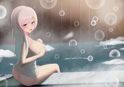 1girls airani_iofifteen ass back bath bathing bathroom big_breasts breasts bubble bubbles butt_crack cleavage detailed detailed_background female female_only gradient_hair hair_ornament hand_on_breast head_turned hi_res hololive hololive_indonesia hololive_indonesia_area_15 large_breasts legs legs_together long_hair looking_back lurenjia onsen shaded sitting towel towel_only towel_wrap turning_head virtual_youtuber water wooden_wall