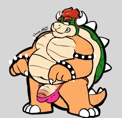 1boy anthro anthro_only bowser charmcharmcharm clothing genitals gesture hi_res ineffective_clothing koopa male male_only mario_(series) nintendo penis pointing pointing_at_penis scalie solo thong underwear